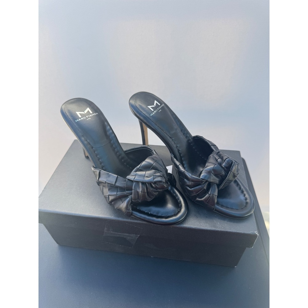 Marc Fisher LTD Janna Black‎ Leather Woven Heeled Dress Sandals Size 6.5M